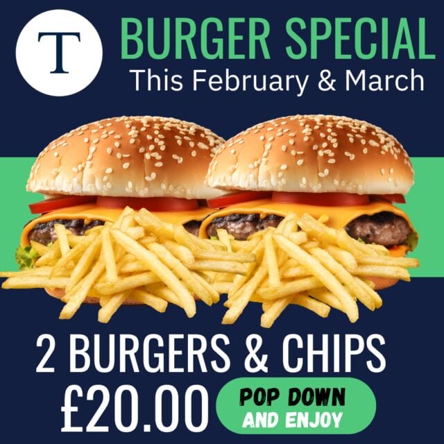 Savour the season with our irresistible burger and pizza special this February and March! Dive into 2 pizzas for just £18.00 or relish 2 burgers with chips for only £20.00. Whether you're in the mood for cheesy goodness or hearty bites, we've got something to satisfy every craving. Swing by and indulge in this mouth watering deal today!