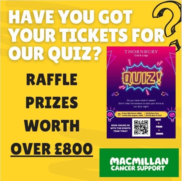 Our quiz 🧠is just over a week away and tickets are selling out fast! ⏳

If you haven't already heard we will be running a raffle as part of the quiz for Macmillan!💚 

We have been overwhelmed with generous offers of raffle prizes 🎁and have a collection of things on offer worth over £800! INCLUDING an annual membership at Horfield Leisure Centre worth £380! 😁

Secure your tickets now on our website! Or call us for more information!